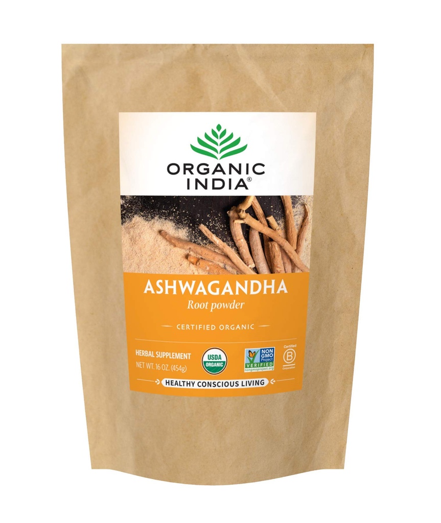 ORGANIC INDIA Ashwagandha Powder Organic - Ashwagandha Root Powder Bulk, Herbal Supplement - Vegan, Gluten-Free, Kosher, Non-GMO, Suportă Stressse Relief, Energie, și somn - 1lb sac