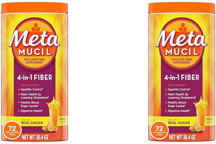 Metamucil Fiber, 4-in-1 Psyllium Fiber Supliment Powder cu zahăr real, Orange Smooth Drink, 72 Servings (Packing May Vary), Coarse Texture, 1.9 Pound (Pachet de 2)
