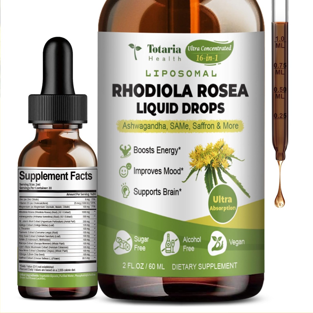 Totaria 16-in-1 Liposomal Rhodiola Rosea Tincture, Ultra Putere Rhodiola Supliment w/Ashwagandha, Saffron, Magneziu, SAM-e, Rhodiola Rosea Extract picături lichide pentru relaxare naturală, Mood, Energie