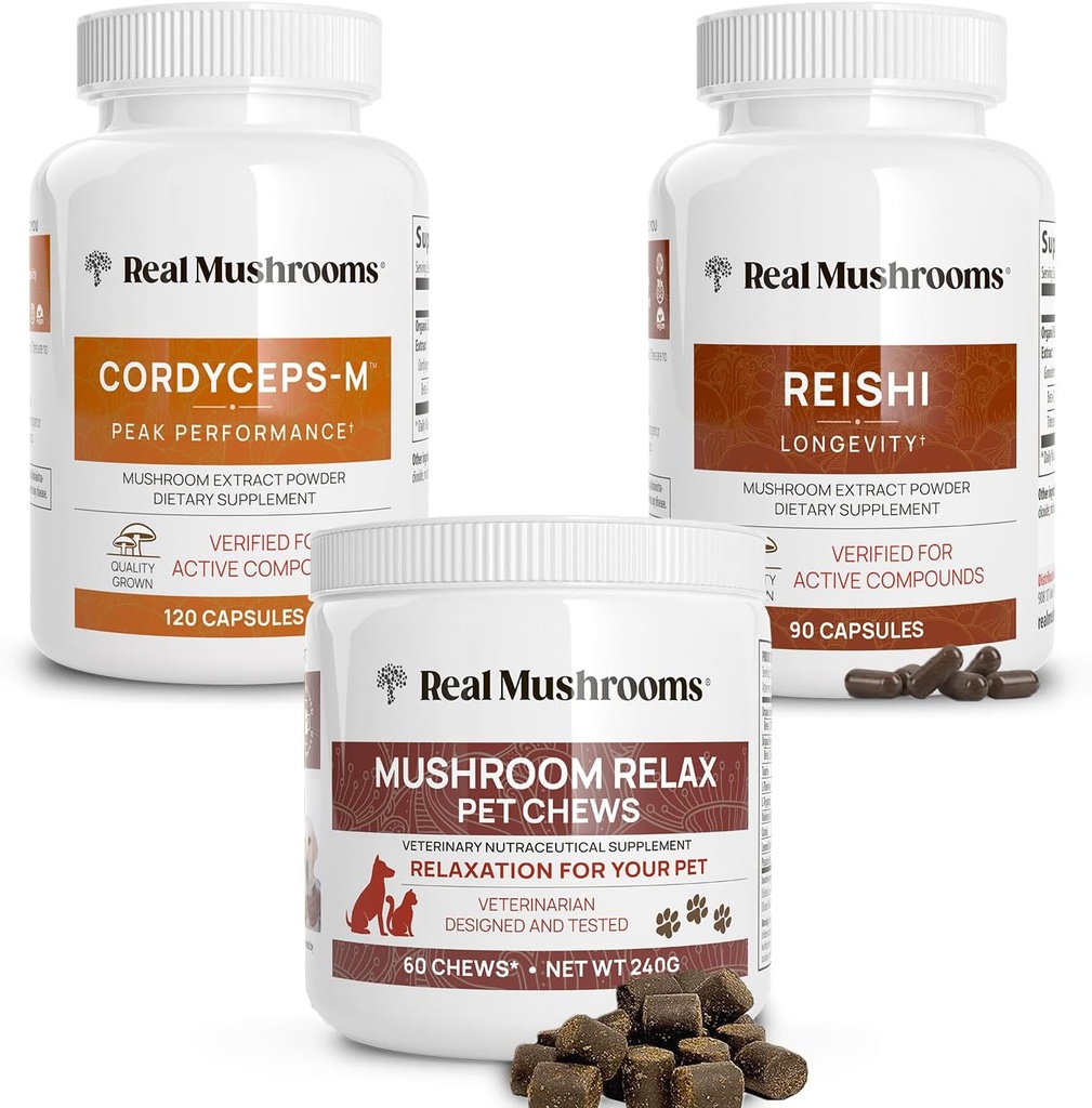 Ciuperci reale Reishi & Cordyceps pentru oameni și ciuperci pentru animale de companie relaxa Chews - Bundle pentru relaxare, energie și imunitate - Vegan, non-GMO, Gluten-Free, Grain-Free suplimente extract de ciuperci