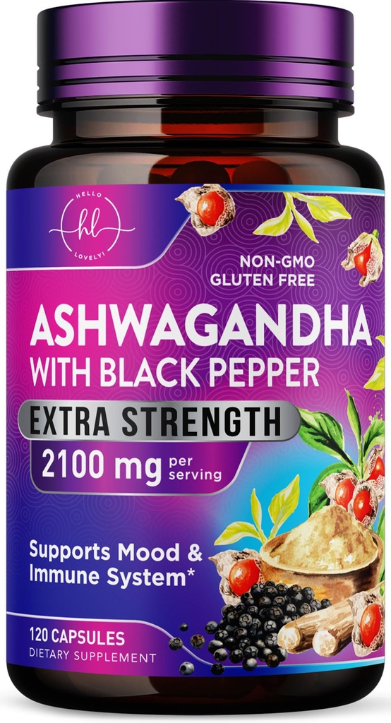Ashwagandha 2,100 mg - Ashwagandha Suplimente pentru femei în Capsule Veggie cu pulbere și extract de rădăcină, Pepper negru pentru absorbție ridicată, pe bază de plante, non-GMO, îmbuteliat în Statele Unite ale Americii - 120 Capsule vegetale