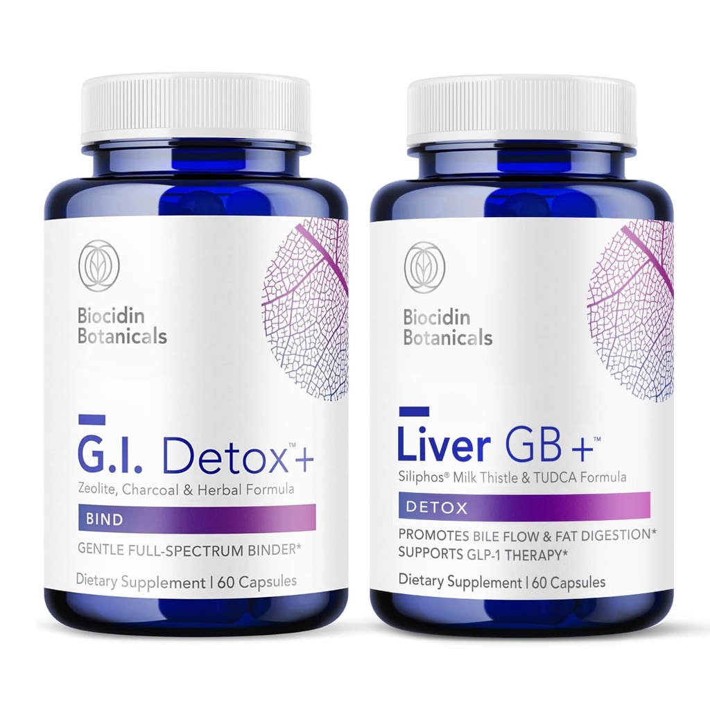 Biocidein G.I. Detox+ Gentle Binder & Liver GB+ Gallbladder Suport hepatic - Ajutor pentru optimizarea eliminării toxinei și a digestia de grăsime - Charcoal activat, Zeolit, TUDCA & Bitter Herbs (2 Produse)