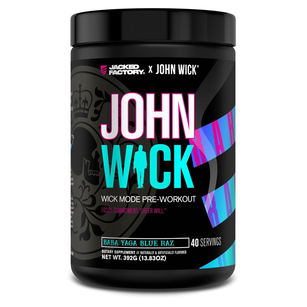 Fabrica Jacked X John Wick - Wick Mode Pre Workout pulbere - Energie intensa, Battle-Ready Focus, angajament de neoprit, și Sheer Will - 40 Serviri, Baba Yaga Blue Raz