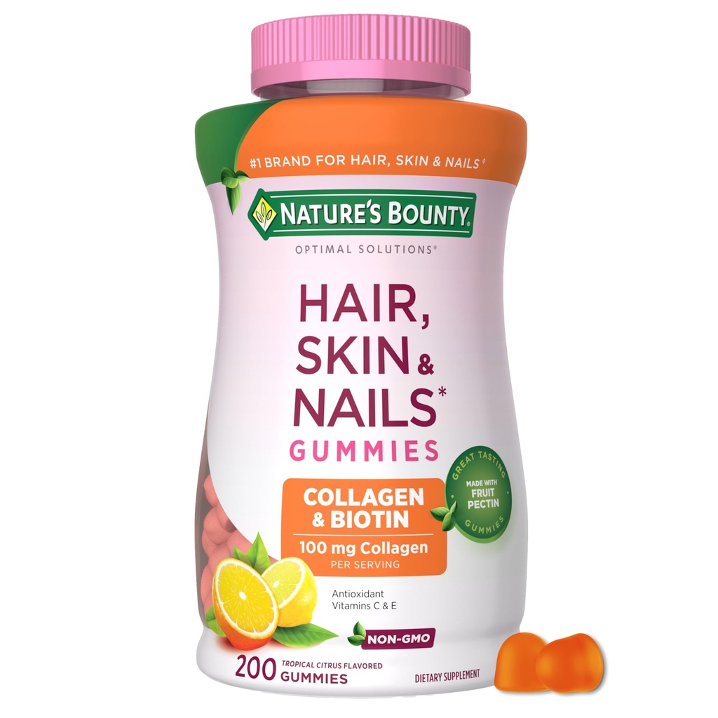 Soluţii optime de bounty naturale Păr, piele şi unghii Colagen Pectin Gummies, 100 mg Colagen şi 2500 mcg Biotin Per Serving, Nu lipi guma, Tropical Citrus Flavor, 200 ct, 100 Total Serviri
