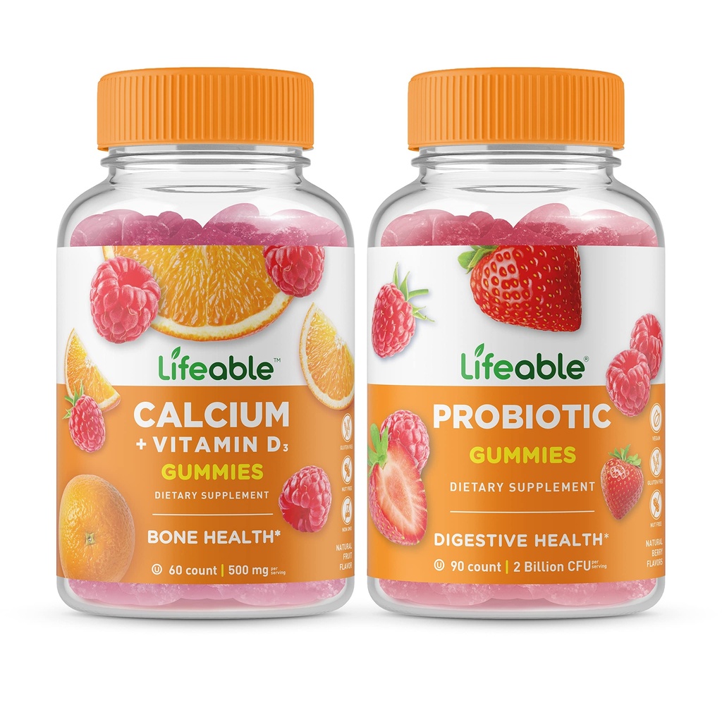 Calciu de viață cu vitamina D + probiotic 2 miliarde CFU, Gummie Bundle - mare degustare, supliment de vitamine, gluten gratuit, OMG gratuit, masticabil