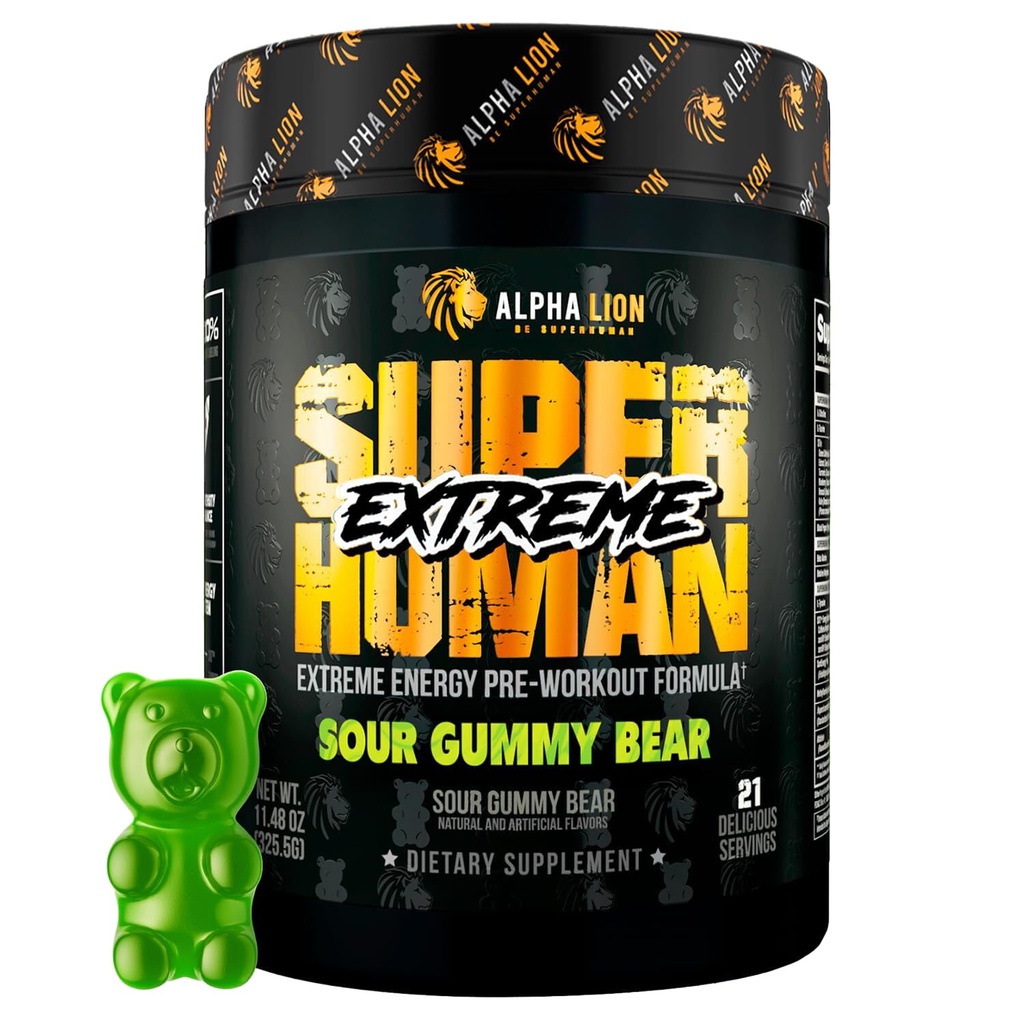 ALPHA LION Superuman High Stim Pre Workout Powder, Beta Alanine, L-Taurine & 356mg Tri-Source Cafeina pentru energie sustinuta, Nitric oxid si citrulină pentru pompa (21 Serviri, Gummy Bear)