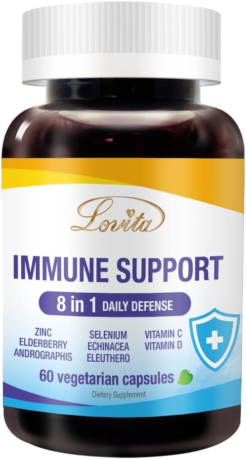 Lovita Immune Support 8 din 1, Elderberry cu zinc și vitamina C, vitamina D, seleniu și echinacea, Andrographis, Siberian Ginseng - Immune Booster Supliment, 60 Capsule vegetariene