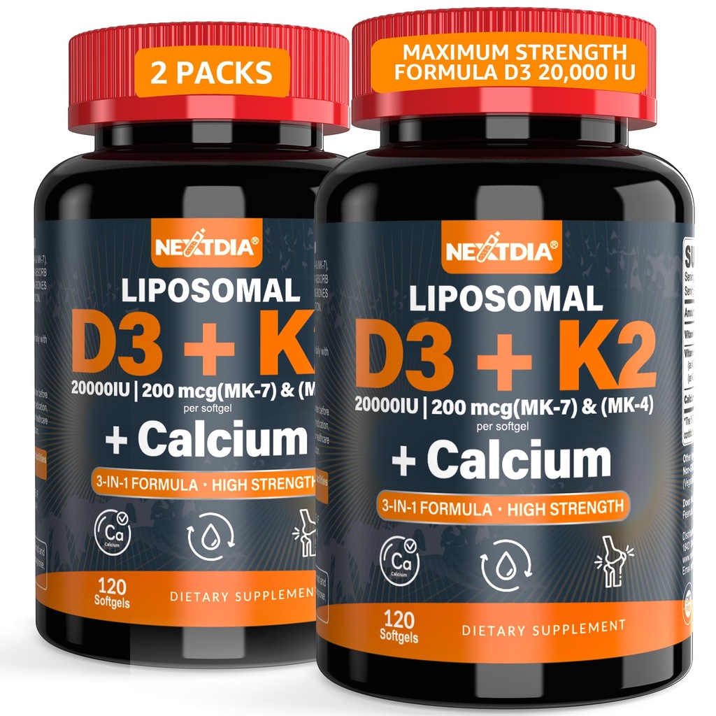Vitamina D3 20000 UI + vitamina K2 (MK4 & MK7) 200mcg + Citrat de calciu, Vitamina optimă D3 K2 Softgel - Os puternic & musculare, Absorbție de calciu, ajutarea deficitelor de vitamine, Ușor de înghițit, 2Pack