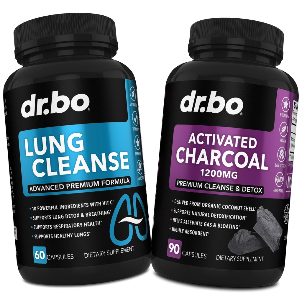 Capsule Lung Cleanse & Charcoal activate - Suplimente respiratorii & Pastile organice de nucă de cocos Charcoal pentru gaz de stomac și suport de balonare - Dezintoxicare vegetală pentru plămâni, Bronhial Health & Gut