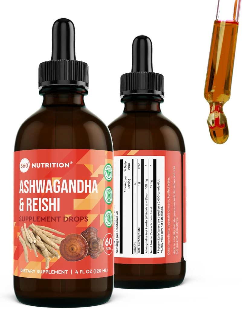360 Nutritie Ashwagandha & Reishi Supliment picături pentru relief de stres, rezistență și longevitate și suport energetic - Vegan non-GMO Adaptogen - 4 fl oz, 60 Serviri