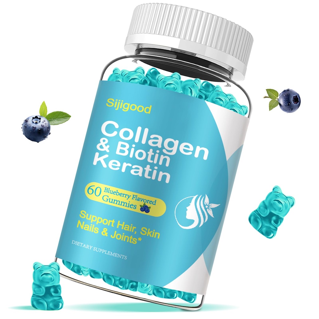 Gume Biotin cu colagen, Keratina, Acid hialuronic, Vitamina pentru piele, cresterea parului, unghii, Femei Bărbaţi Adulţi Copii - 60 Gume aroma de afine