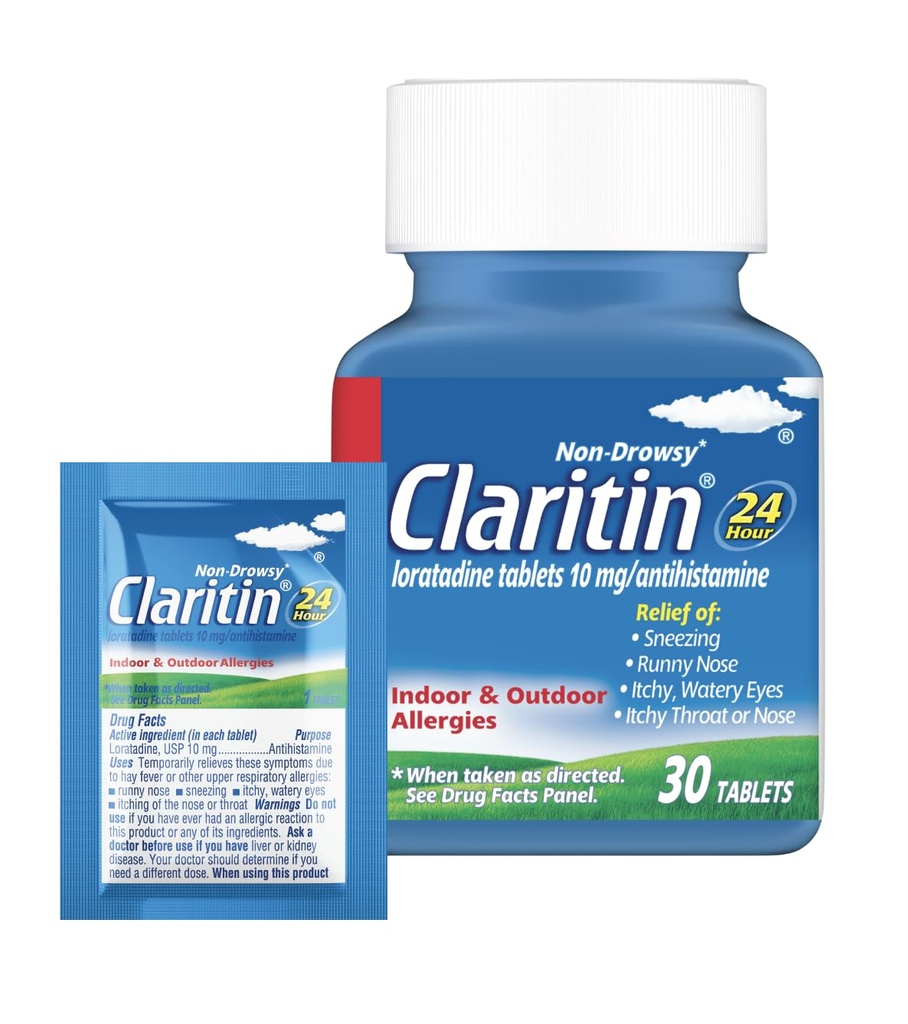 Claritin Alergie Medicină pentru adulţi, 24 de ore Loratadină 10 mg pastile, antihistamină, 30 comprimate + 1ct On-The-Go Relief