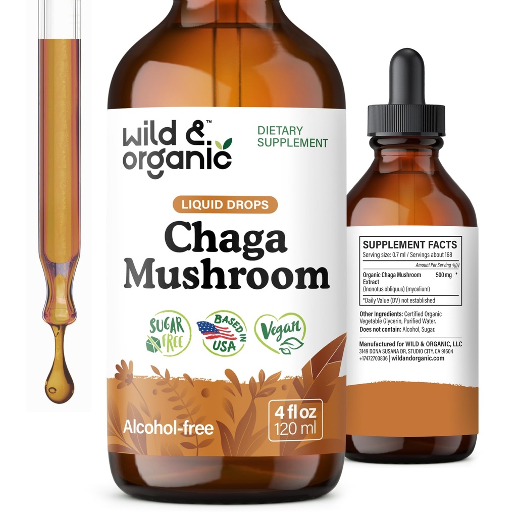 Dropuri de ciuperci Chaga sălbatice și organice - Suport imun cu extract Chaga - supliment de ciuperci lichide pentru imunitate - Vegan, zahăr și alcool - 4 fl oz