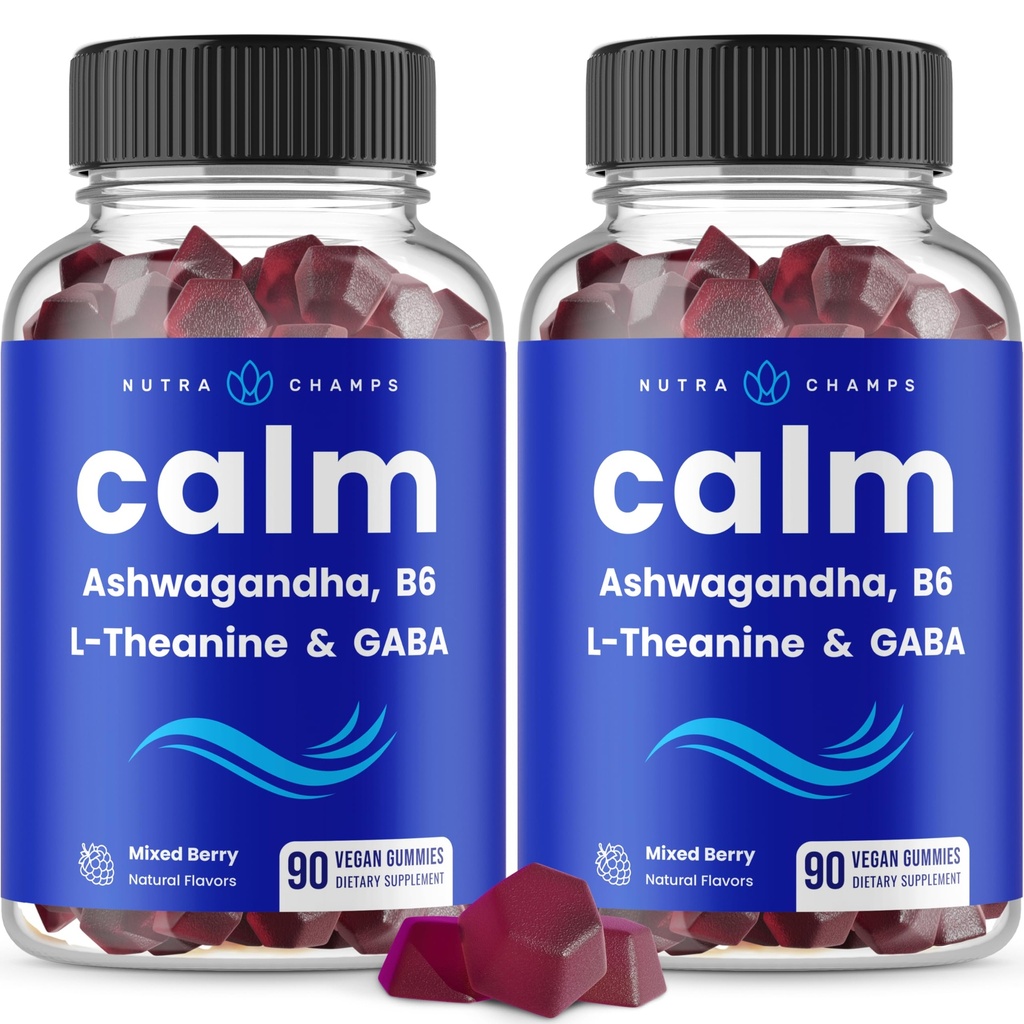 NutraChamps calm Gummies, Stressse Gummies Supliment cu Ashwagandha, L-Theanin, GABA, Vitamina B6 & Lemon Balm, 90 Gummies (Pachet de 2)