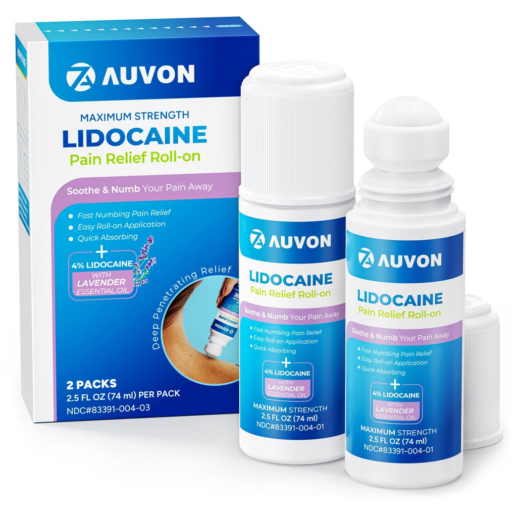 Auvon Max Putere Lidocaină Durere Relief Roll-On cu ulei esenţial de lavandă, Nu Mess Aplicator, Absorbţie rapidă la Numb & Soothe Durere Ajutor pentru genunchi, Umeri, FSA/HSA eligibile, 2.5 OZ, 2 Pachete
