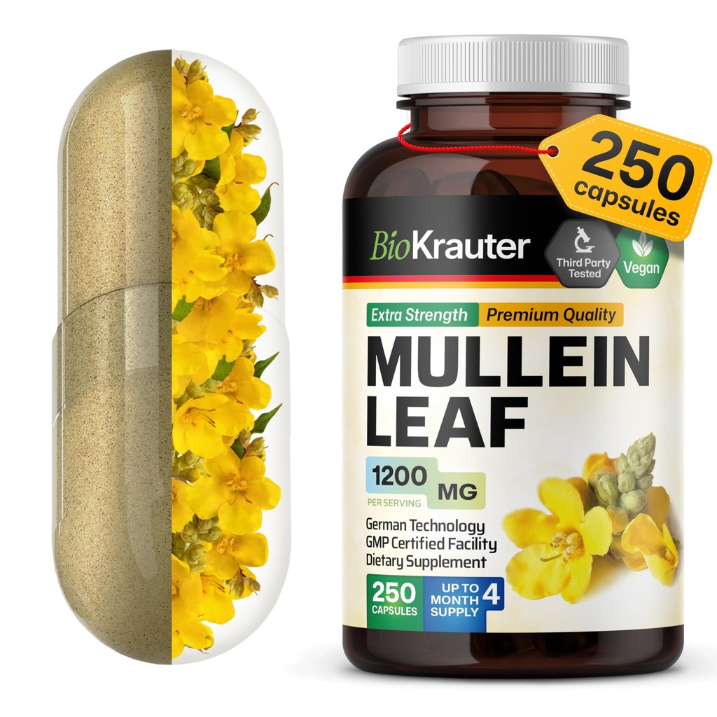 BIO KRAUTER Mullein Capsules 1200 mg 250 Count - Pure Vegan Mullein Leaf Extract pentru Plămâni - 125 zile de aprovizionare - Lung Curățenie și Suplimente de asistență respiratorie - Nu Fillers, Non-GMO