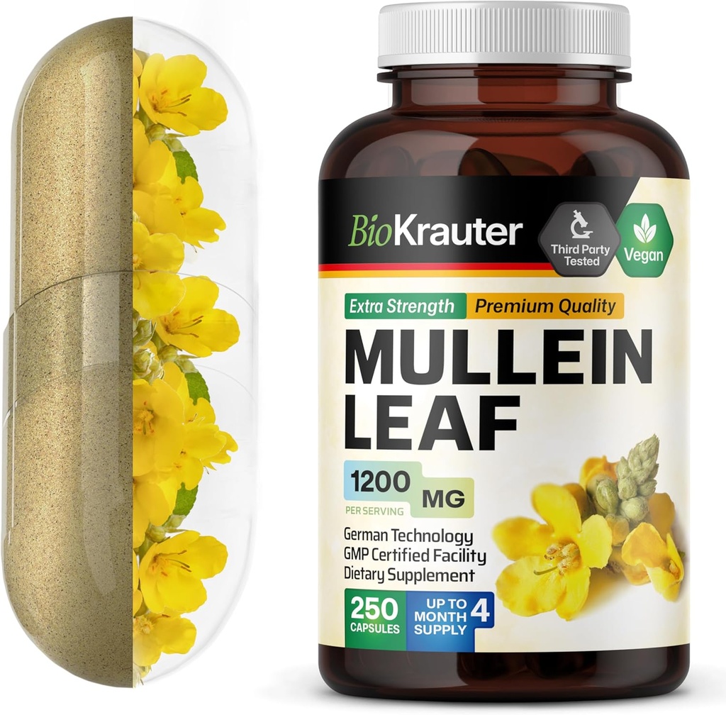 BIO KRAUTER Mullein Capsules 1200 mg 250 Count - Pure Vegan Mullein Leaf Extract pentru Plămâni - 125 zile de aprovizionare - Lung Curățenie și Suplimente de asistență respiratorie - Nu Fillers, Non-GMO