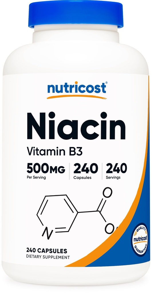 Nutricost Niacin (Vitamina B3) 500 mg, 240 capsule - cu Flushing, Non-GMO, Gluten Free