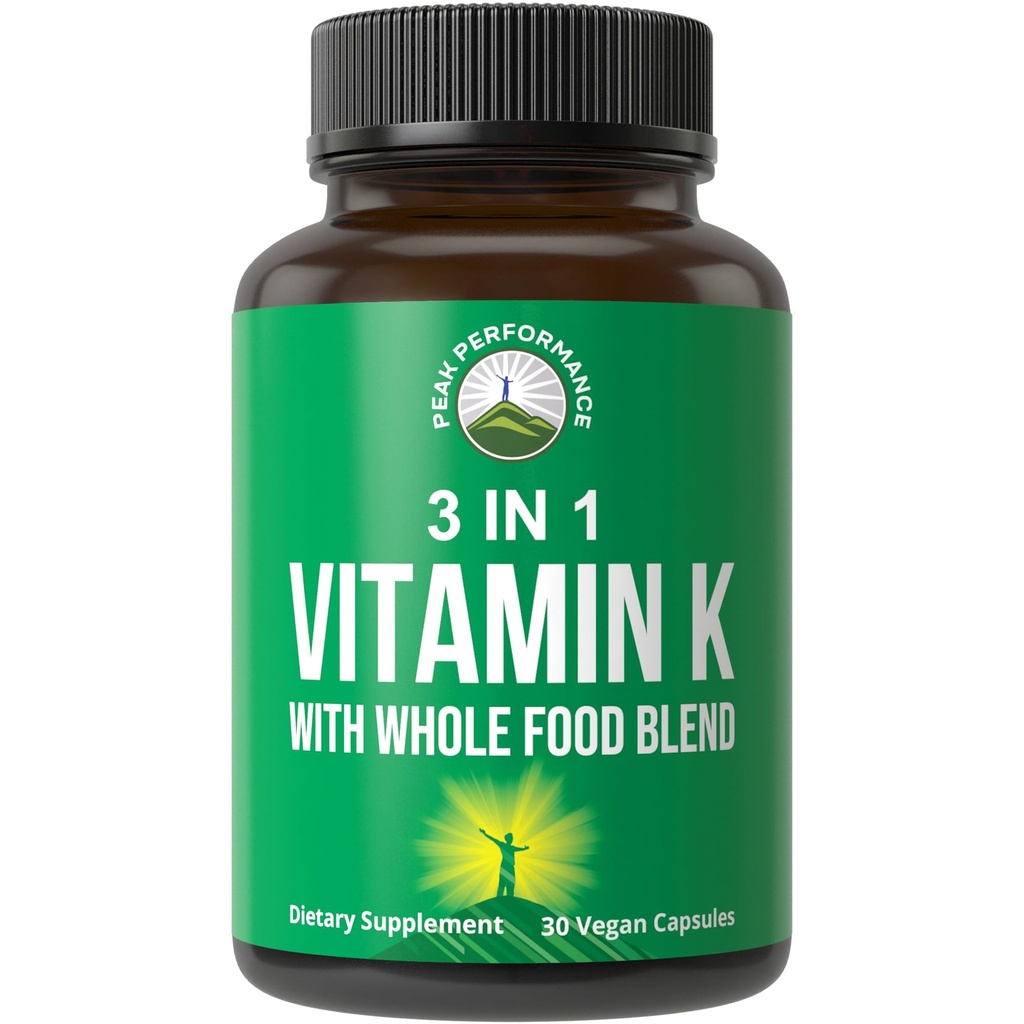 Vitamina K cu Whole Food Blend de 25+ legume si fructe pentru absorbtie Max. Suplimentul capsulelor Vegane. Vitamine K1, K-2 MK4 + K2 Natto MK7. Alternative la picături, gume. VIT K cu K 2 și MK-7