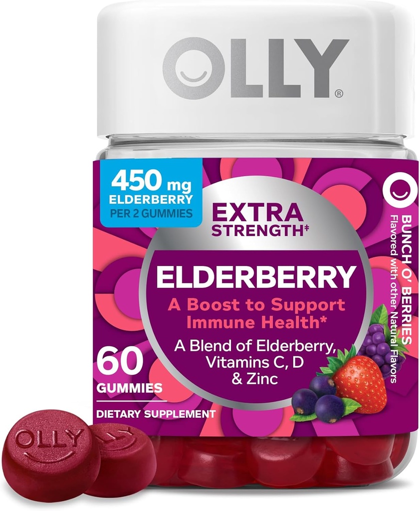 OLLY extra Putere Elderberry Gummies, Immune Support, 450mg Elderberry, Vitamina C, D și Zinc, Berry - 60 Conte