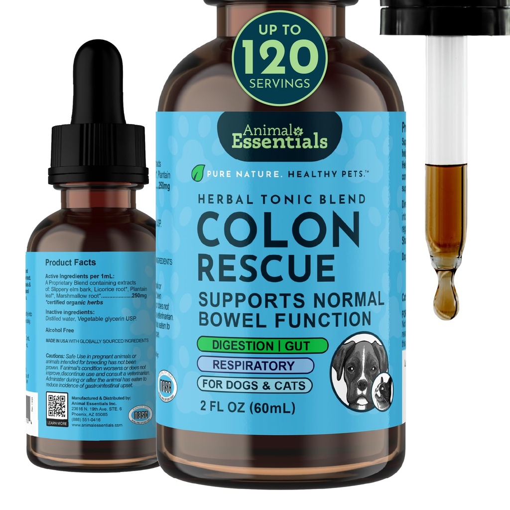 Animal Essentials Colon Rescue - Dog Stool Softener, Organic Slippery Elm Bark, Rapid Acting anti diaree picături lichide pentru câini și pisici, Natural Constipație Supliment de ajutorare pentru animale de companie - 2 fl oz