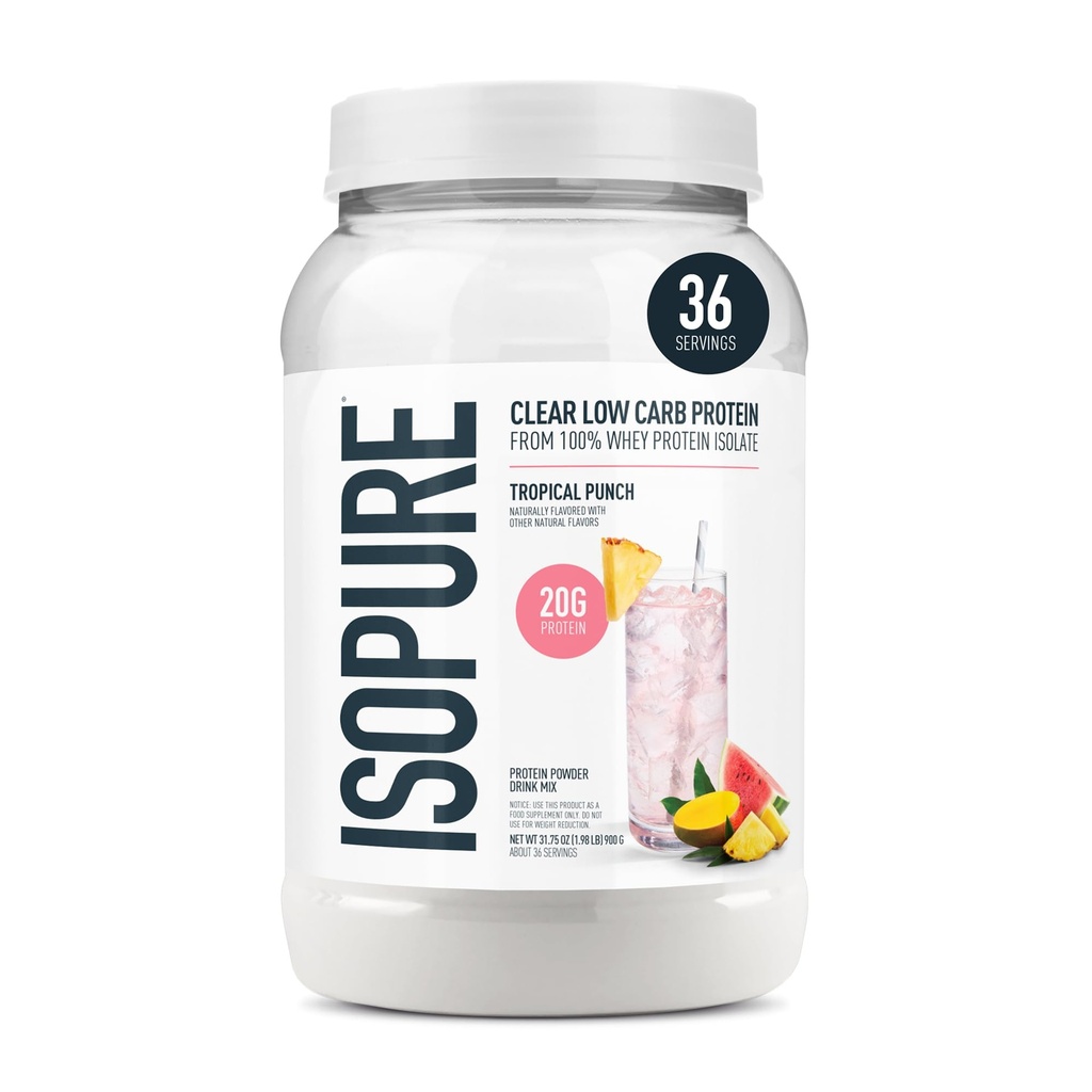 Isopure Clear Whey Izolate Proteine Pulbere, Lactoză gratuit, Gluten gratuit, natural arostat, Tropical Punch, 20g Proteina Per Servire, 1.9 Lbs, 36 Serviri (Packing May Vary)