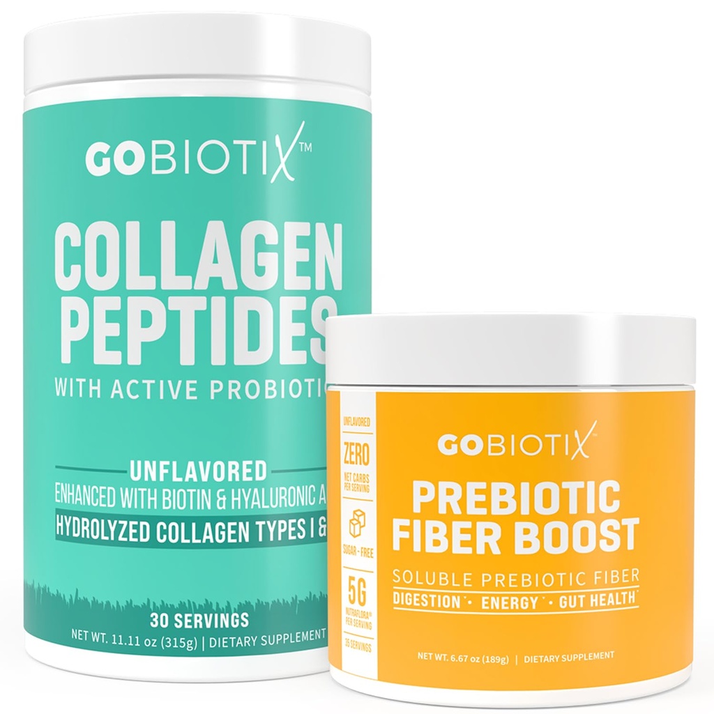 GOBIOTIX Fiber & Colagen Bundle: Păr, Piele, Suport Gut - 30 Serviri Colagen, 35 Serviri Fibră