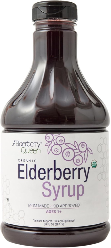 Elderberry Queen Organic Elderberry Syrup 30 Fl Oz - Immune Support Formula cu Sambucus Black Elderberry & Aronia Berry - Pur natural certificat Elderberry Syrup organic pentru copii și adulți