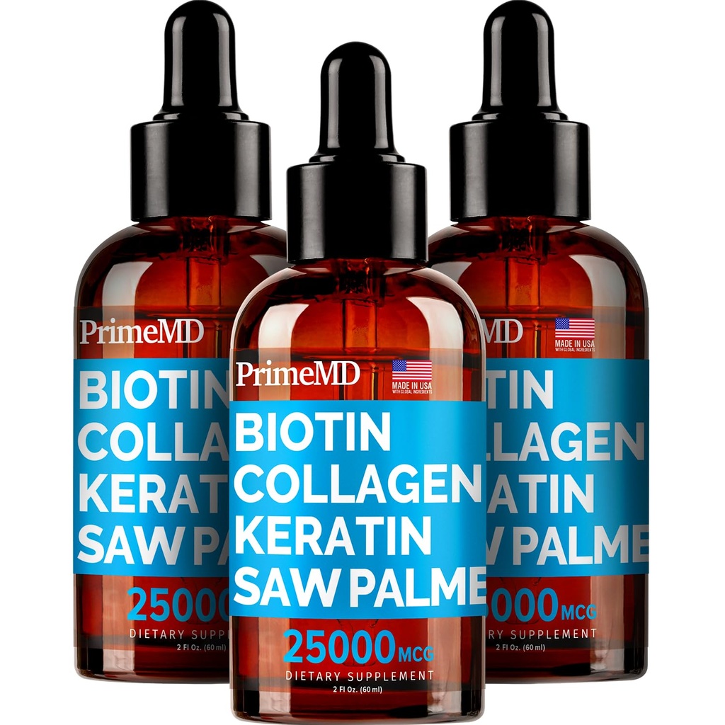 PrimeMD 4-in-1 Liquid Biotin Colagen Keratin Saw Palmetto picături (3 ambalaj) Bundle - 25000mcg Nails și vitamine din piele pentru femei și bărbați - 2 Fl Oz Each, Pepene verde aroma, gluten-free, non-GMO