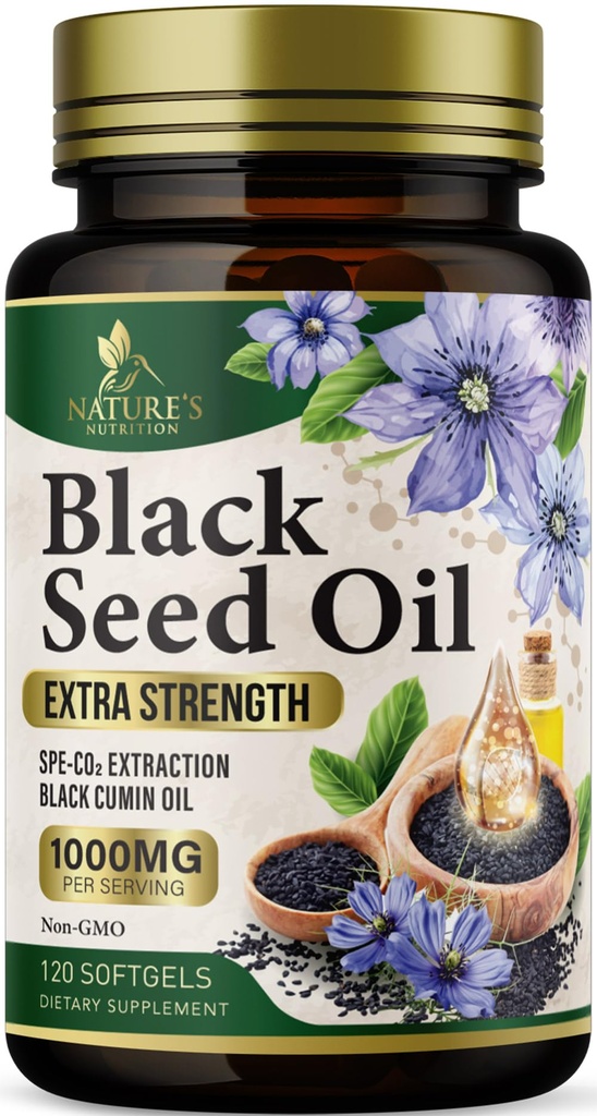Black Seed Oil Softgels 1000mg - Premium Nigella Sativa Blackseed, Pure Natural Black Cumin Seed Oil & Antioxidant pentru Skin & Immune Support - Non OMG, îmbuteliat în SUA Supliment - 120 Softgels