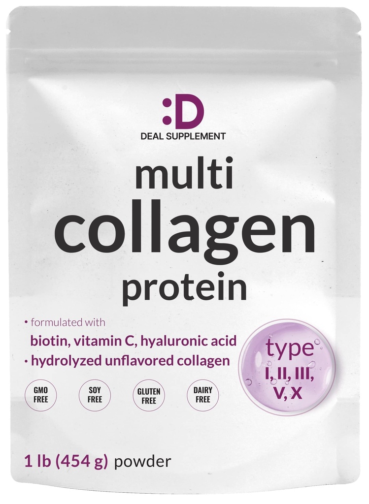 Multi Colagen Proteine Powder,1Lb - Tip I, II, III, V, X Colagen Peptides cu Biotin 10000mcg, Vitamina C & Acid hialuronic - Nearomat - Keto & Paleo Friendly, Mare pentru păr, piele, unghii & articulații
