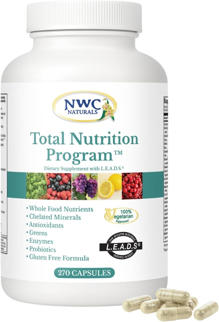 NGC Naturals Total-Nutrition Program Multivitamine cu enzime Plus Prebiotice și Probiotice Supliment, Îngrijire completă pentru bărbați și femei, Vegetarian Natural total alimente vitamine, 270 capsule