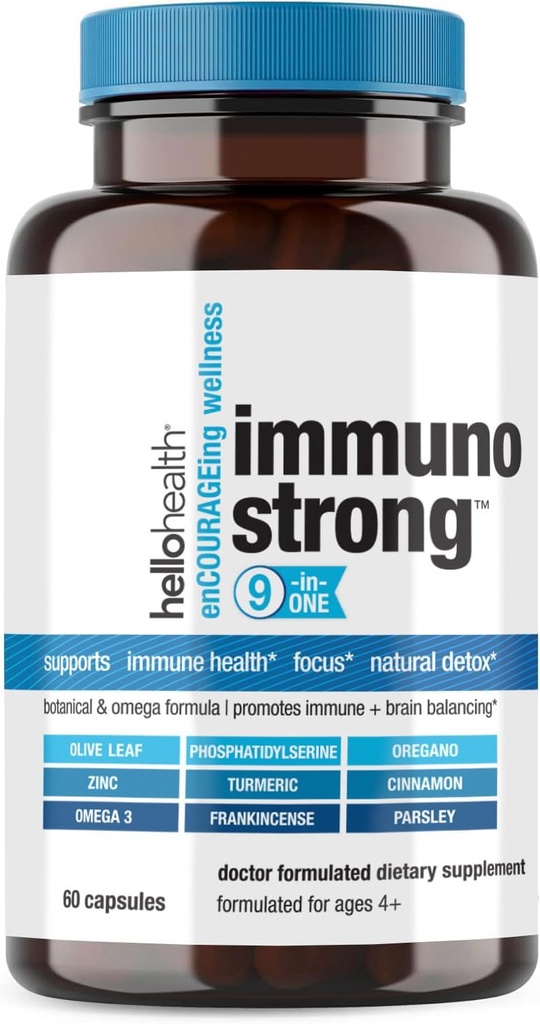 Suplimentul imun de suport zilnic Imunostrong 10-in-1 Vitamine de imunitate cu booster imunitar Oregano, frunze de măsline, Omega antioxidant Soothing 3, Curcumină turmerică şi vitamine de zinc pentru adulţi şi copii -60 ct