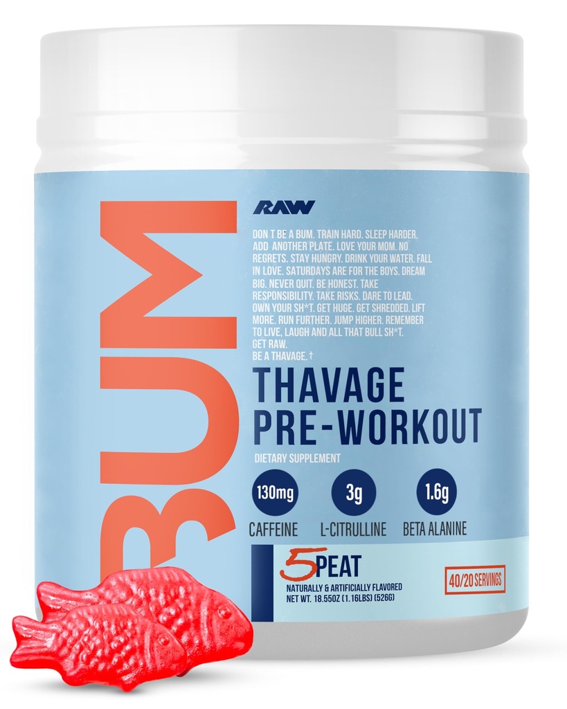 RAW Pre Antrenament pulbere, Thavage (5 Peat, Red Gummy) - Chris Bumstead Sports Nutritie Supliment pentru barbati si femei - Cbum Pre Antrenament pentru Lucru, Hidratare, Focus mental & Energie - 40 Serviri