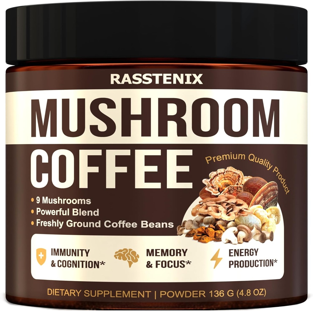 Mushroom Blend - 9 Mushroom Adaptagen Mix - Lion's Mane, Chaga, Vitamine - Medium Dark Roast - Instant - Suport imunitar - Gluten-free și zahăr-free
