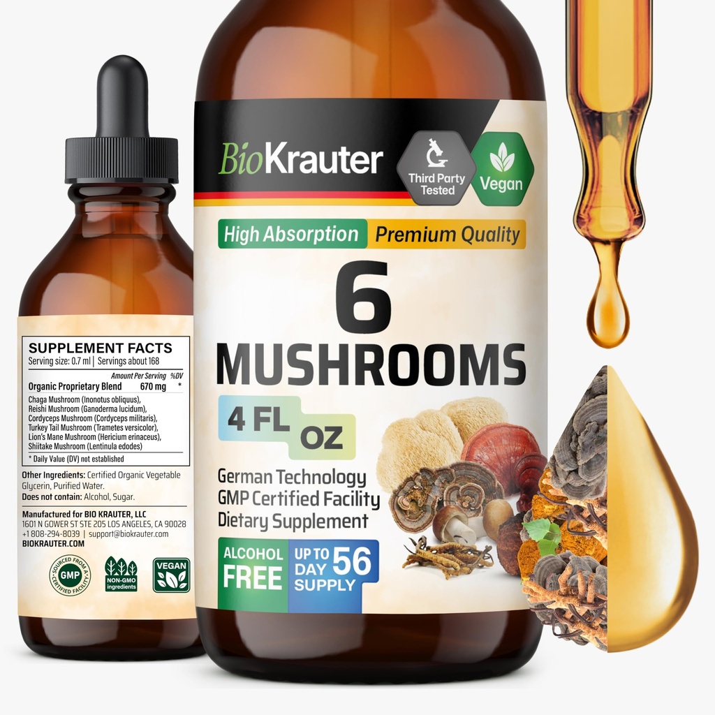 BIO KRAUTER 6 Ciuperci Supliment 6-in-1 - Lions Mane, Shiitake, Turkey Tail, Cordyceps, Reishi & Chaga Lichid Extract - Complex de ciuperci Tinctură - Picături Vegan 4 Fl.Oz.