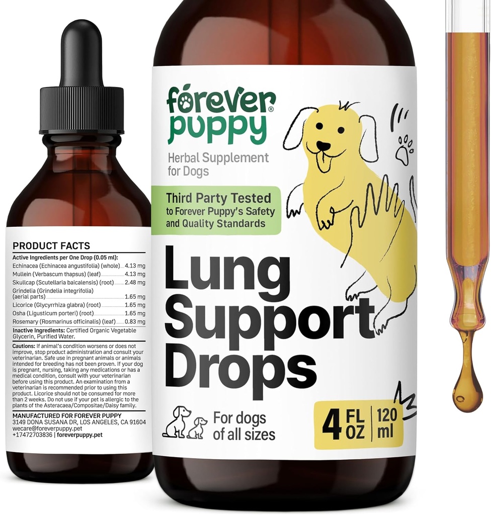 Pentru totdeauna Picături de sprijin pentru sugari pentru câini - Suplimente de sănătate respiratorie - Mullein Leaf & Echinacea Herb pentru Plămâni - Vitamine de câine lichid și suplimente - zahăr și alcool-Tinctură fără - 4 fl oz