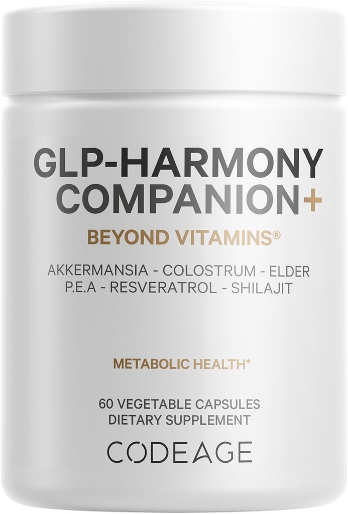 Codeage GLP-Harmony Companion+ Supliment - GLP-1 Agonist Support - Lion's Mane, Pea, Colostru, Shilaj, Akkermansia, Elder, Citrus Bioflavonoides, Broccoli, Resveratrol - Non-GMO - 60 Capsule