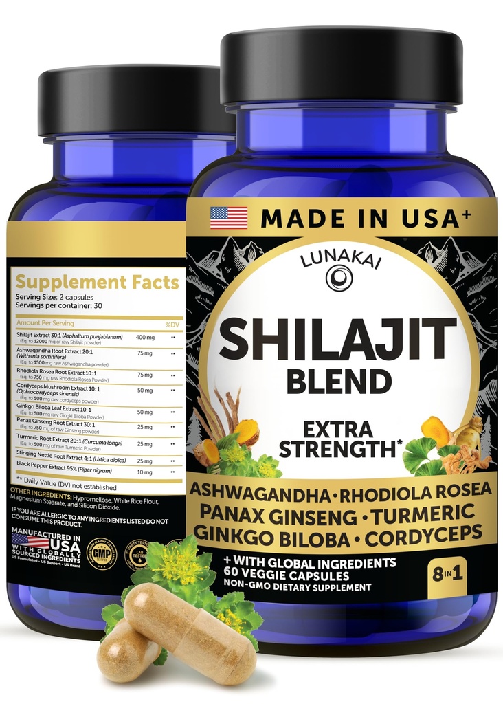 Lunakai USA Made Pure Shilaj Capsule cu Ashwagandha, Rhodiola & Cordyceps - Extra Putere Silajit Extract pentru bărbaţi şi femei, 60ct