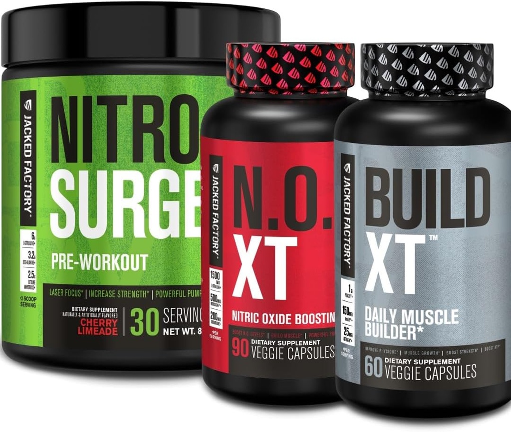 Fabrica Jacked Nitrosurge Pre Workout, N.O. XT Oxid de azot Supliment & Build-XT Daily Muscle Builder Bundle