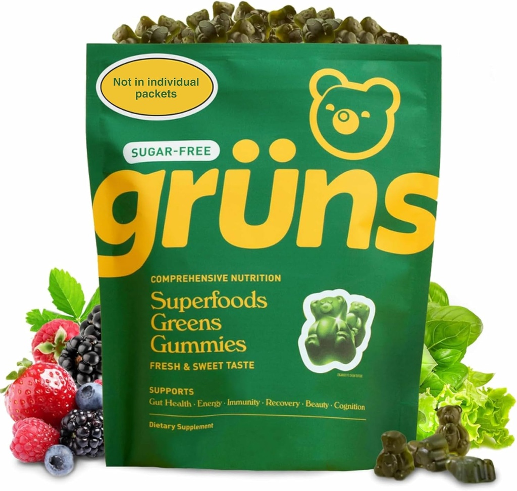 Gruns Adult Sugar-Free Super Greens Gumries - Superfood Gummy Bears cu Spirulina, Chlorella, Fiber & Prebiotice pentru Digestive Health, Adaptogen Supliment cu 20 Vitamine & Minerale, 2 săptămâni de aprovizionare