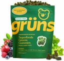 Gruns Adult Sugar-Free Super Greens Gumries - Superfood Gummy Bears cu Spirulina, Chlorella, Fiber & Prebiotice pentru Digestive Health, Adaptogen Supliment cu 20 Vitamine & Minerale, 2 săptămâni de aprovizionare