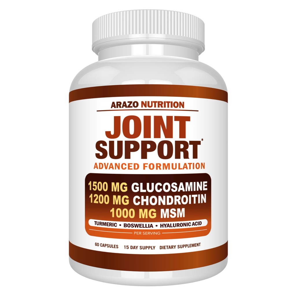 Arazo Nutrition Glucosamină Chondroitin Turmeric Msm Boswellia - Supliment comun de sprijin pentru eliberarea a 60 capsule pentru oase, spate, genunchi, mâini (60 capsule)