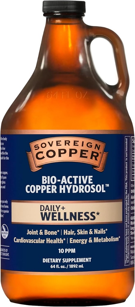 Hidrosol de cupru sintetic, Daily+ 4-in-1 Supliment de Wellness pentru articulații și oase*, Păr, Piele și unghii*, Sănătate cardiovasculară* și suport energetic și metabolic*, 64oz
