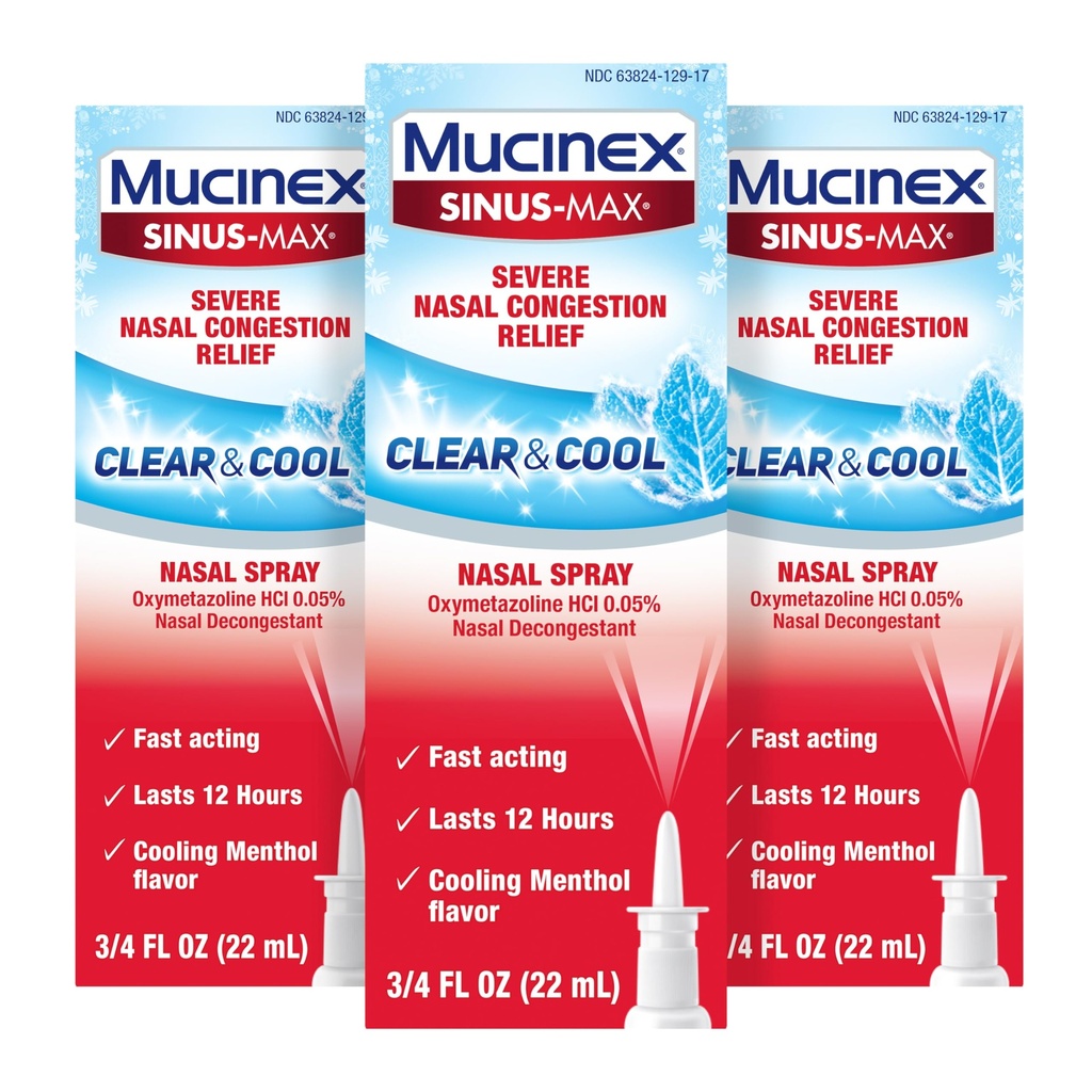 Mucinex Sinus-Max Nasal Spray decongestionant, 12 Ore Over-The-Conunter Medication Nase Spray pentru Sinus Relief, Nasal Decongestionanti pentru Adulti, Cooling Mentol, 0,75 Fl Oz (Pachet de 3)
