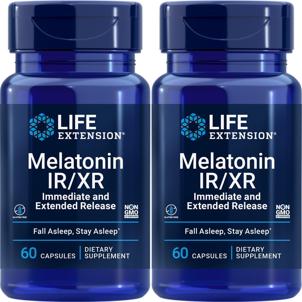 Extensie de viaţă Melatonin IR/XR, 1,5 mg, Formula imediată şi extinsă pentru suport optim de somn, Rhythms sănătos circadian, Cellular Defense, Gluten-Free, non-GMO, 2 X 60 Capsule