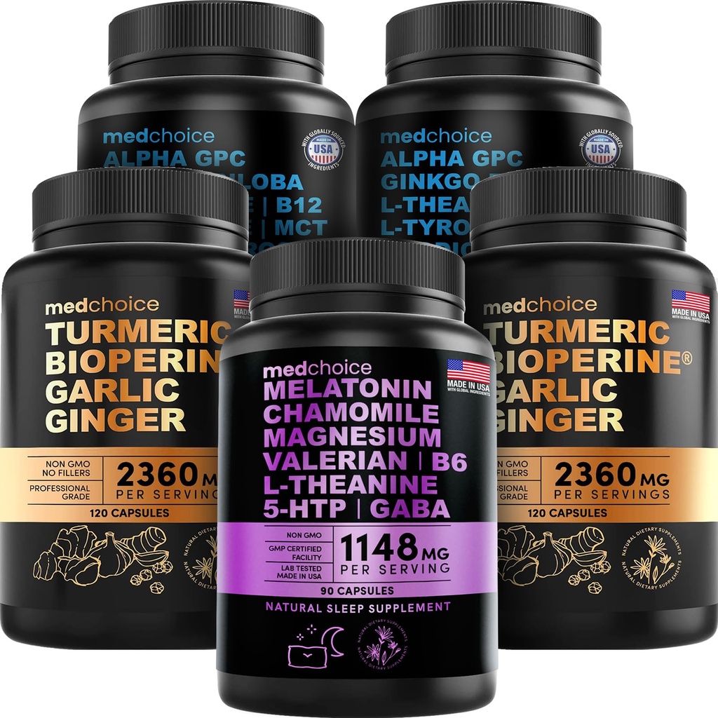 MEDCHOICE Melatonina de somn (90ct), Turmeric & Ginger (240ct), și Nootrop Brain (120ct) Supliment Bundle - Wellness Trio pentru creier, somn, și suport imunitar - Vegan, non-GMO, gluten-Free