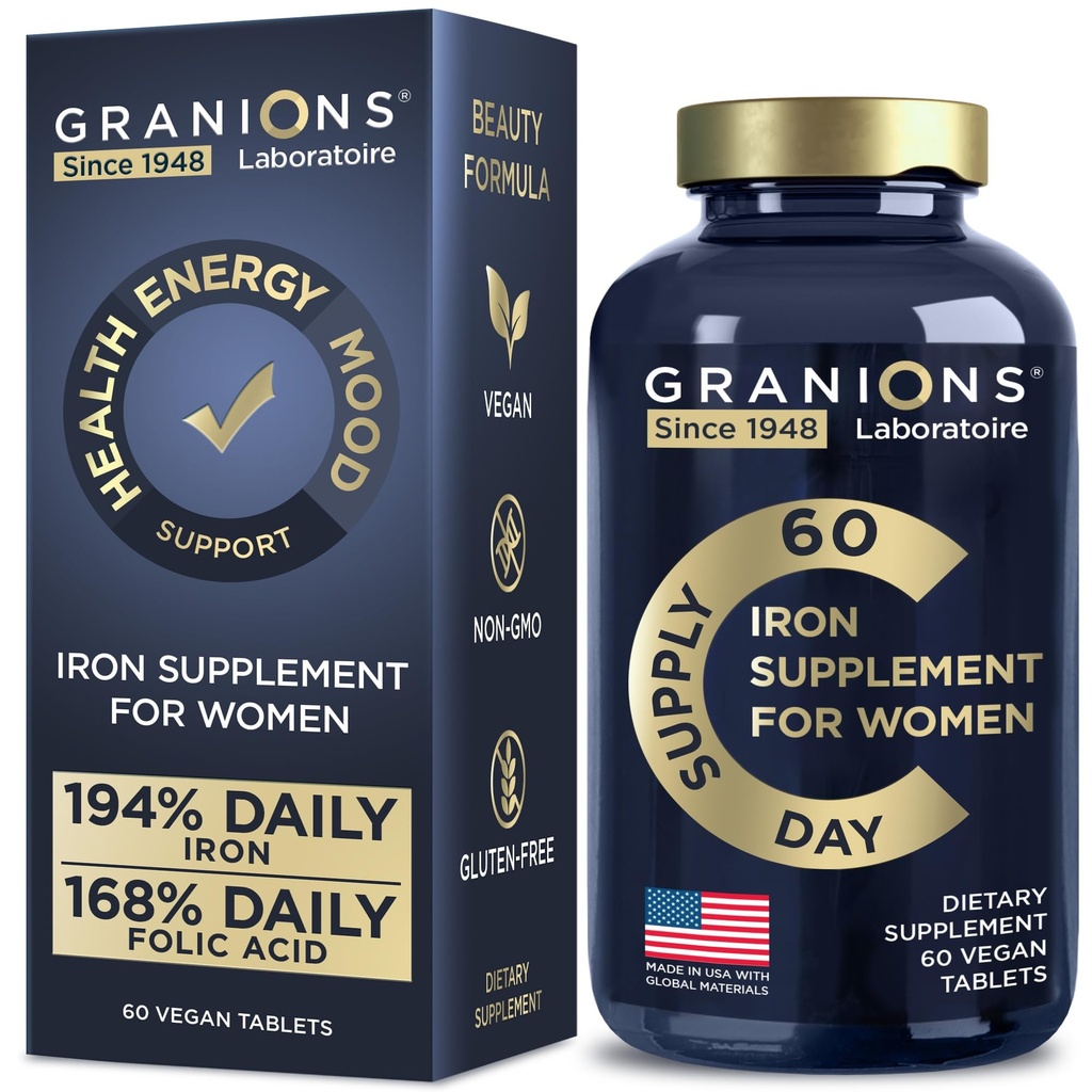 Suplimente de fier Vegan pentru femei - 194% Daily Womens Suplimentul de fier pentru sarcina si anemie Acid folic Vitamine prenatale - 168% Acid folic - 60 comprimate