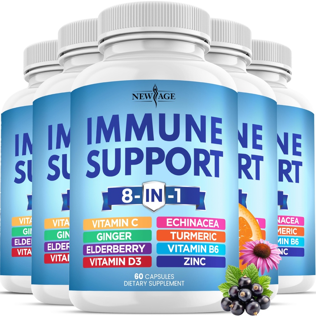 8 din 1 supliment de suport imun cu Echinacea, vitamina C şi zinc 50 mg, vitamina D 5000 UI, Curcumina turmerică & ghimbir, B6, Elderberry (8 din 1 capsule (Pachet de 5))