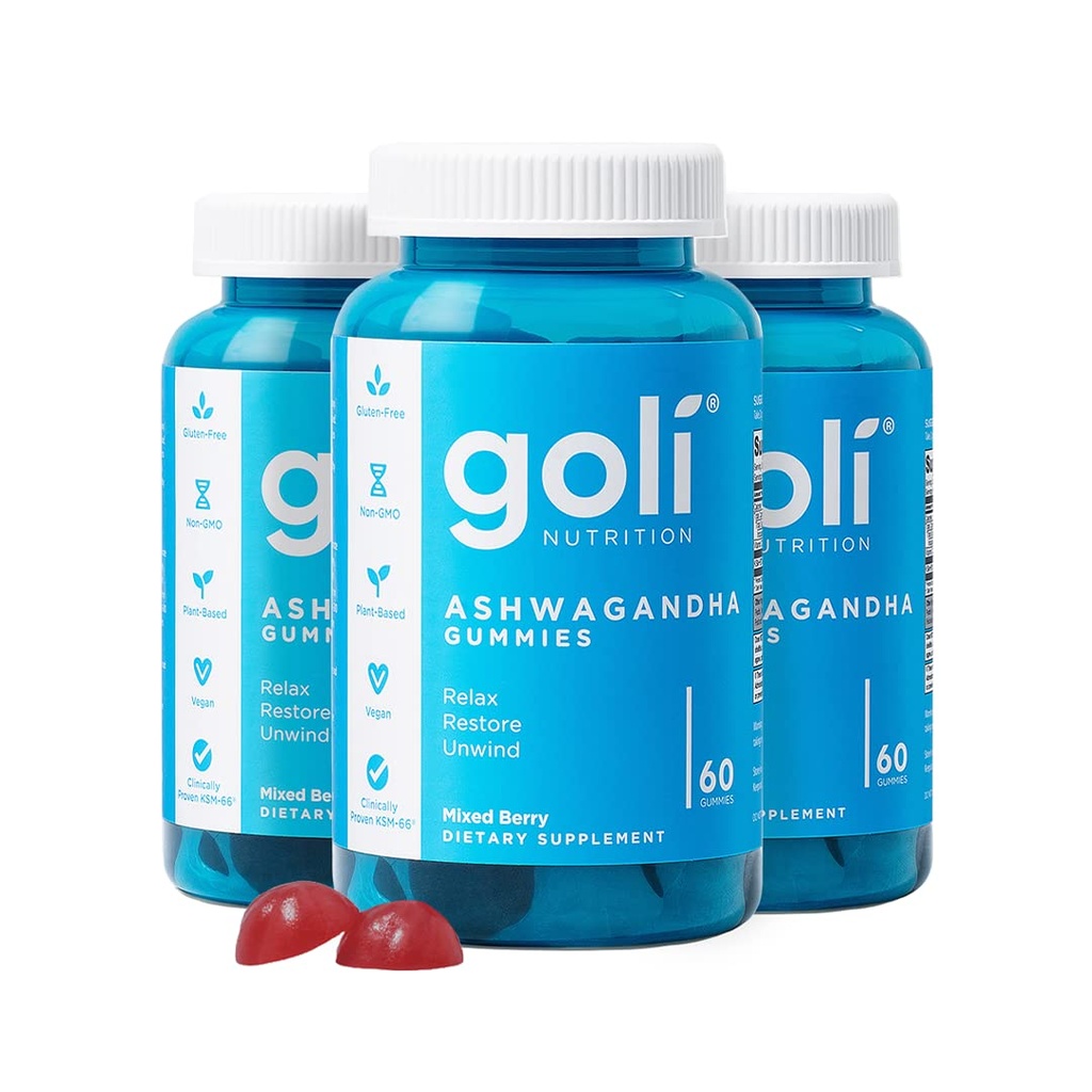 Goli Ashwagandha & Vitamin D Gummy - 180 Conte - mixt Berry, KSM-66, Vegan, Plant based, Non-GMO, Gluten-Free & Gelatină Relax gratuit. Restaurare. Deswind, pachet de 3
